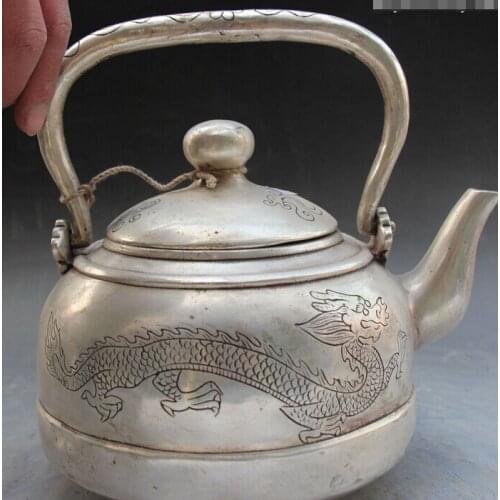 Decoration bronze factory outlets Tibet Silver 9" Chinese Silver Dragon Portable Teapot Kettle Pot Wine Tea Pot Flagon Statue