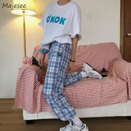 Pants Women Plaid Patchwork Harajuku Violet Elastic Waist Korean Vintage Sweet Kawaii Loose Joggers Hip Hop Womens Trousers Hot