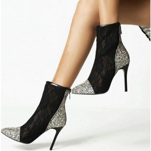 Black White Women Ankle Boots Pointed Toe Thin High Heel Ladies Summer Boots Bling Back Zipper Women Mesh Boots Dress Shoes