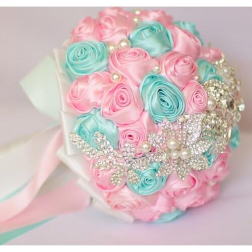 DIY brooch bouquet Silk Bride Bridal Wedding Bouquet Bridesmaid cyan-blue & pink white Cloth roses Customizable diamond bouquets