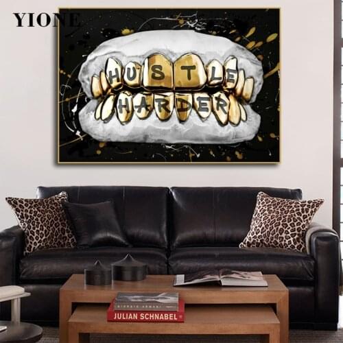 Hustle Harder Gold Tooth Canvas Painting Print Custom Modern Black Graffiti Quote Letter Wall Art Picture for Living Room Poster