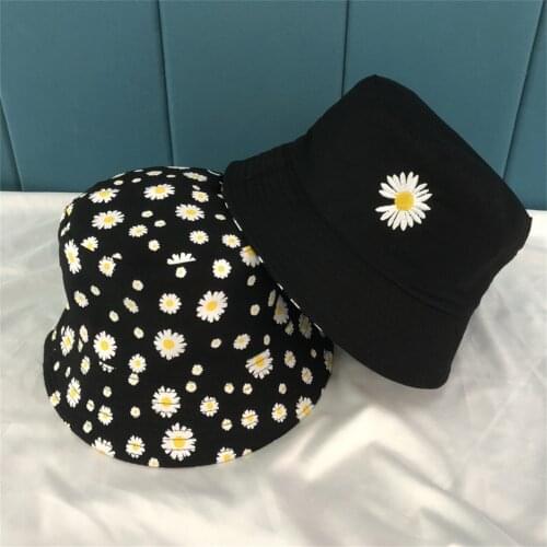 Little Embroidery Daisy Bucket Hats Unisex Cotton Fishing Outdoor Cap Double-side Women Sunscreen Panama Caps