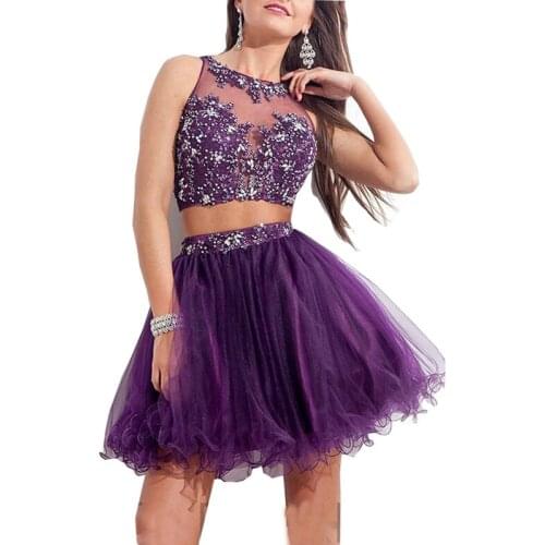 Short Two Piece Homecoming Dresses Illusion Tulle Mini Prom Dress Lace Appliques Crystal Evening Party Gowns vestidos de fiesta