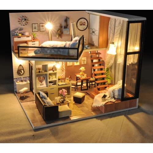 Six Sets DIY Wooden Dollhouse Kit Tiny Town Miniature with Furniture Flower Shop Casa Doll House Assembled Toys Girls Xmas Gifts