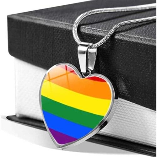 Lesbian LGBT Heart Pendant Necklace Gay Pride Rainbow Flag Photo Glass Cabochon Jewelry Heart Necklace for Women Men Lover Gift