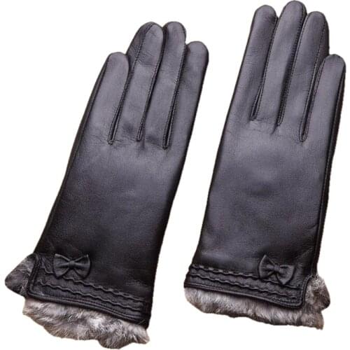 Leather goatskin gloves womens thick warm touch screen bowknot design 100% sheepskin gloves outdoor driving gloves