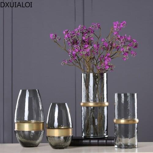 Simple European home decoration accessories modern of glass vase metal copper ring glass vase cold gray water culture flower