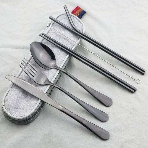 Black Tableware 8Pcs/set 18/10 Stainless Steel Cutlery Straw Dinnerware Set Spoon Fork Chopsticks with Straw Portable Case