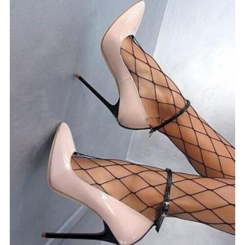 Dipsloot New Woman Sexy Black Pink Red Patent Leather Shallow Pumps Ladys 120 mm Thin Heels Buckle Strap Pointed Toe Pumps