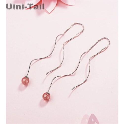 Uini-Tail hot new 925 sterling silver small fresh strawberry crystal ear line temperament personality wave pink ear jewelry
