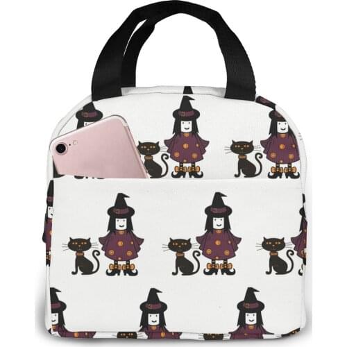 Witches And Cats Pattern Cooler Bag Portable Zipper Thermal Lunch Bag Convenient Lunch Box Tote Food Bag