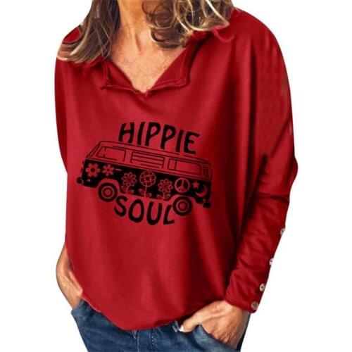 2019 Autumn New Women Letter Print T-Shirts V Neck Long Sleeves T-Shirts Casual Tops T-Shirt Tees