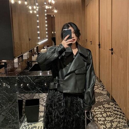 2021 Spring Autumn Korean Women High waist Short Loose Faux Leather Jacket Black Lapel Casual Big Pocket Motorcycle Biker Jacket