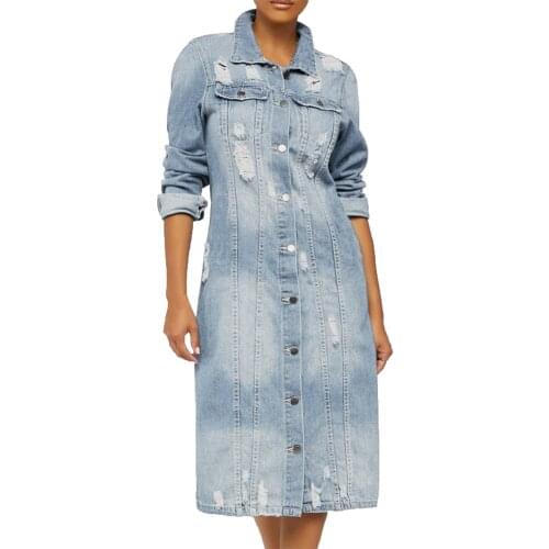 Women Vintage Button Distressed Long Denim Single Breasted Jacket Coat With Pocket Long Jackets Korean Fashion Женская Осень 4