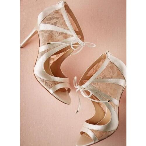 Newest women high heel sandal lace-up open toe super high thin heels lace material women wedding sweet shoes white shoes women