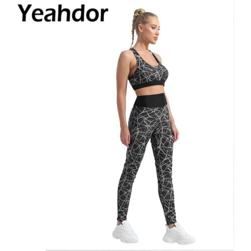Women Summer Sportwear Gym Yoga Fitness Suit U Neck Shoulder Straps Racer Back Removable Pads Sport Bra Top High Waist Pants Set