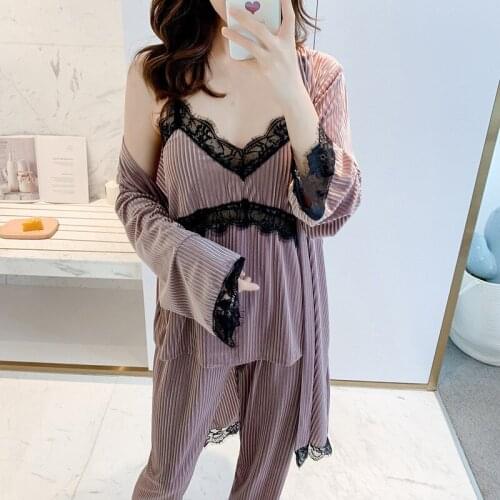 Womens 3 Pieces Pajamas Sets 2020 Autumn Winter Wear Sexy Women Pajama Sets Nightdress+Robe+Pant Female Velvet Pyjamas Women