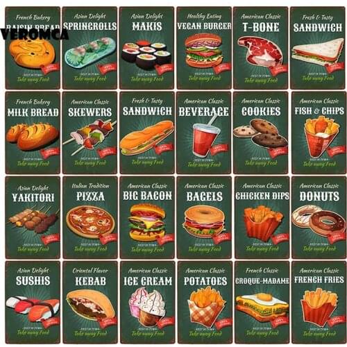 Hamburger Hot Dogs Tin Sign Metal Plate French Fries Metal Wall Stickers Painting Restaurant Kitchen Vintage Fast Food Shop Deco
