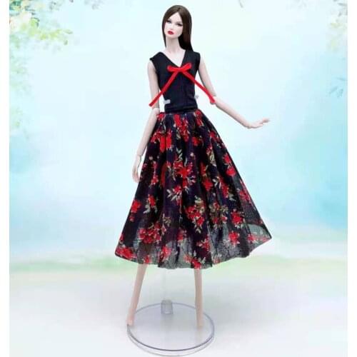 1/6 BJD Clothes Set Classic Black Floral V Neck Sleeveless Shirt Skirt For Barbie Doll Clothes Outfit 30cm Dolls Accessories Toy