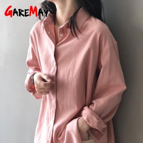 2021 High Quality Womens Shirts and Blouses Vintage Cotton Button-up Mujer Blusas Loose Blue Long Sleeve BF Shirt Fashion Tops