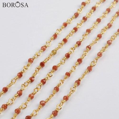 BOROSA 3Meters 2mm Golden Sand Stone Beads Faceted Chains Gems Stone Beads Brass Chains Accessories JT248