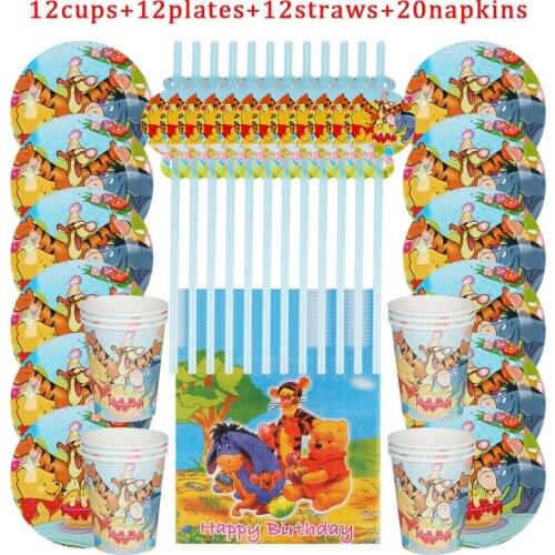 56Pcs Disney Winnie the Pooh Theme Kids Favor Birthday Party Paper Disposable Cup+Plate+Napkin+Straw Decoration Party Supplies