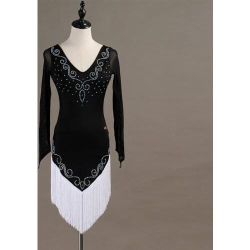 Custom Black Tassel Latin Dance Dress Luxury Long Sleeves Dresses Women Girls Latin Ballroom Dance Stage Performance Dress
