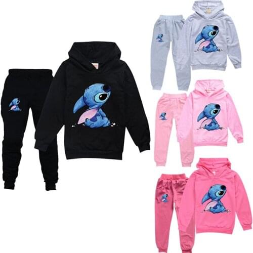 Stitch Printed Cartoon Childrens Clothing Childrens Fashion Casual Sports Sweater Hoodie Pants Suit Set Teen Birthday outfit