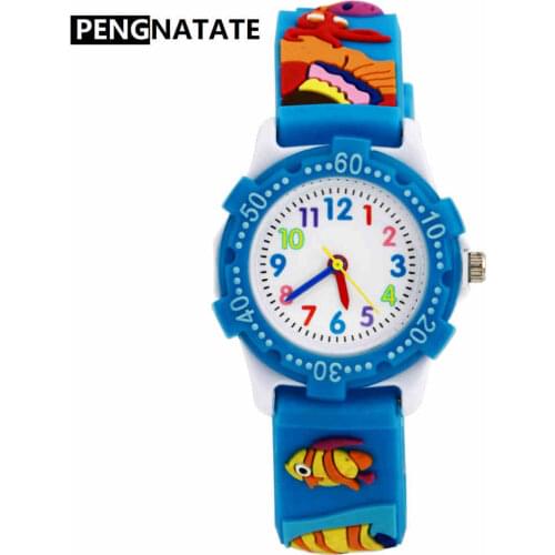 PENGNATATE Children Watches Blue Strap Cartoon Silicone 3D Fish Bracelet Quartz Wristwatch Fashion Kids Watch for Boy Girls Gift
