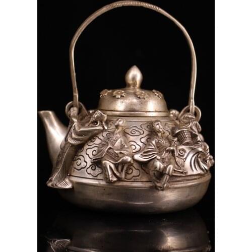 4"Chinese temple collection Old Bronze Gilt silver the Eight Immortals statue kettle flagon teapot Office Ornaments Town House