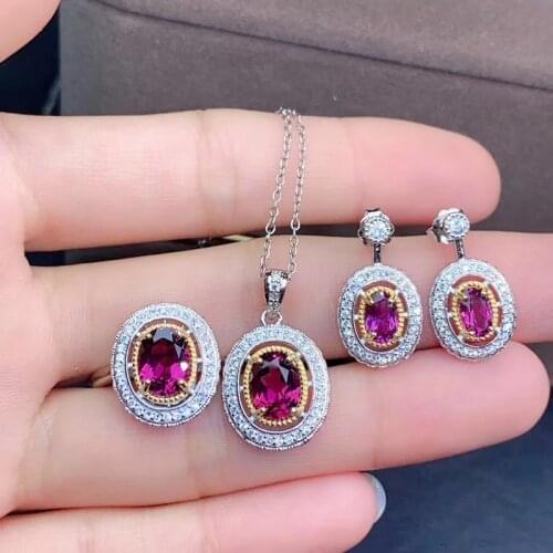 S925 Silver Natural Garnet Jewelry Sets Ring Pendant and Earrings For Women Party Fine Jewelry Real Garnet Gemstones