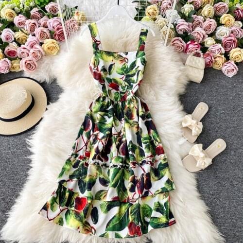 Summer Women Dress Robe Jurk Vestidos Female Costume Mid Length Dresses Spaghetti Strap Beach Pleated Printed Floral Sweet