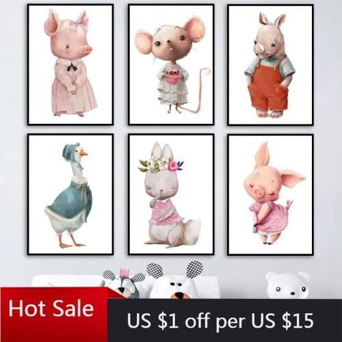 Wall Art Canvas Painting Rabbit Mouse Pig Rhino Penguin Duck Animal Nordic Prints Wall Dec Pictures Posters Baby Room Decoration
