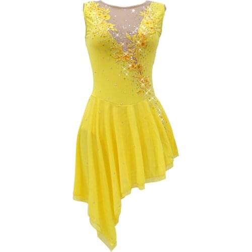 Ice Figure Skating Dress Dance Womens Girls' Yellow Spandex Kids Performance Ballet Dance Skirts Child