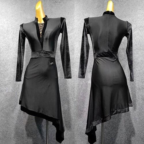 Latin Dance Dress New Women Latin Dance Adult Autumn And Winter Dress Long Sleeve Dance Dress Irregular Dance Skirt Competition Dance Costume Stage Dress ChaCha Modern Dance Clothes Women Black Latin Dresses VDB988