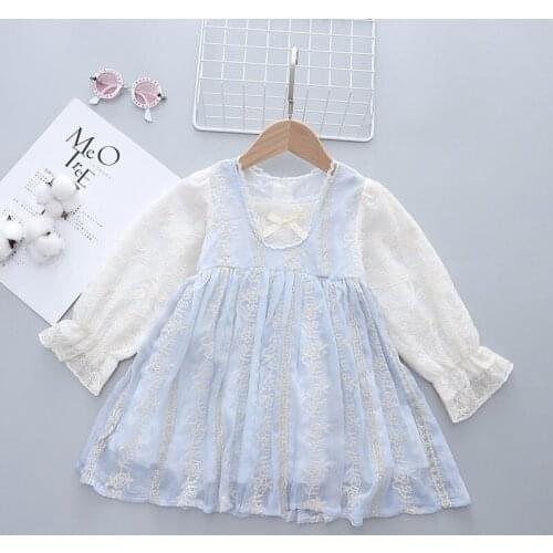 Girls Lolita Style Princess Dresses Spring Autumn Mini Bow Transparent Lace Puff Sleeves vestidos 2-7 Years Children Clothes