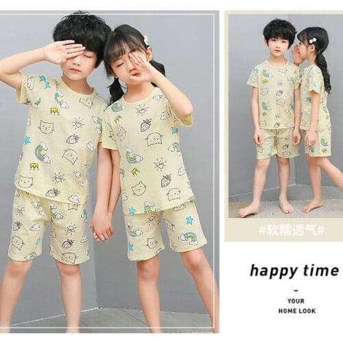 Teens Pajamas Sets Baby Boys Girls Summer Childlike Cartoon Cotton Sleepwear Kids Short Sleeve Top+Pants 2PCS Loungewear Clothes