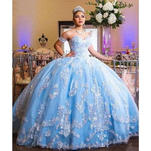 Stunning Blue Sweet 16 Quinceanera Dresses Lace Appliques Sweetheart vestido de 15 anos Party Gowns