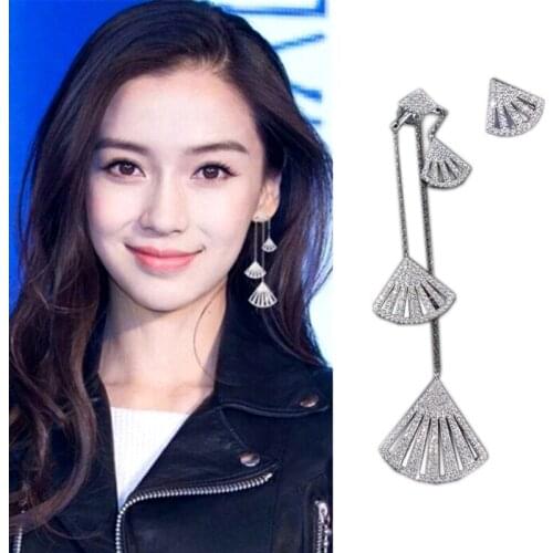 Dual Used Top Quality Fashion Chain Tassel Asymmetry CZ Flap Silver Studs Earrings For Women Wedding Jewelry