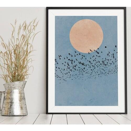 Moon Silhouette Birds Blue Landscape Wall Art Canvas Painting Nordic Posters And Prints Wall Pictures For Living Room Wall Decor