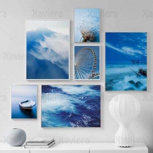 Modern Decorative Painting Blue Sea Boat Dandelion Ferris Wheel Mountain Landscape Nordic Poster Wall Art Canvas Print Home Deco