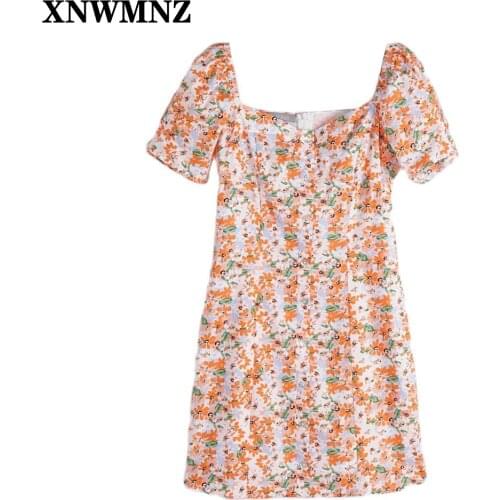 XNWMNZ 2021Bohemian Summer Dress Boho Floral Print Beach Dress Women Clothing Vintage Square Neck Button Short Sleeve Mini Dress
