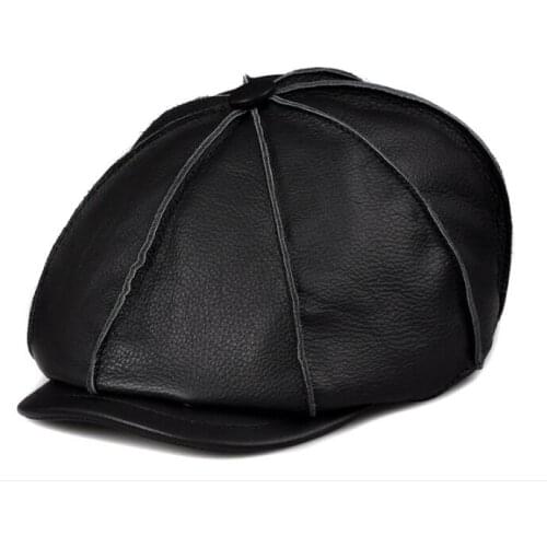 Zero Fish Real Genuine Cow Leather Hat Cap Headwear Cattlehide Cowhide Warm winter eight corner hats