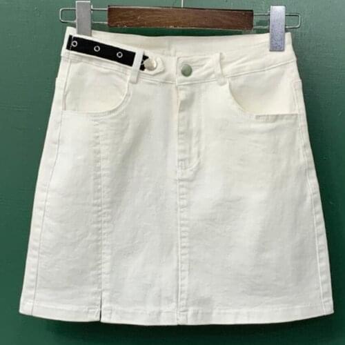 White denim skirt women summer high waist a-line anti-empty bag hip skirt split