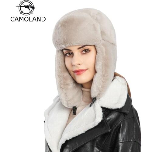 CAMOLAND Women Russian Winter Hat Ushanka Bomber Hats For Mens Outdoor Ear Flaps Cap Faux Rabbit Fur Trapper Caps