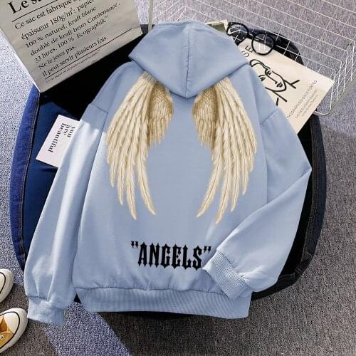 Womens Hip Hop Streetwear Harajuku Pullover Angel Printed Hoodie Kangaroo Pocket Cotton Fleece Pullover Black Hooded Sweatshirt