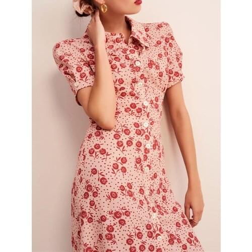 2020 Spring Summer Floral Women Midi Dress Peter Pan Collar Ladies Flowers Print Single-breasted Slim Lady Holiday Long Dresses