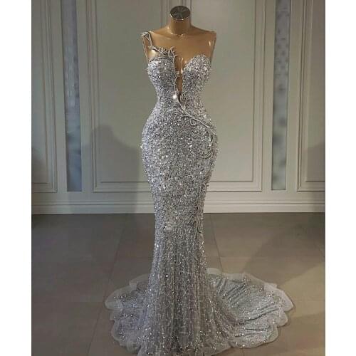 Sparkly 2021 Sequined Silver Mermaid Prom Dresses Aso Ebi Arabic Jewel Neck African Beaded Evening Gowns Plus Size Reception Sec