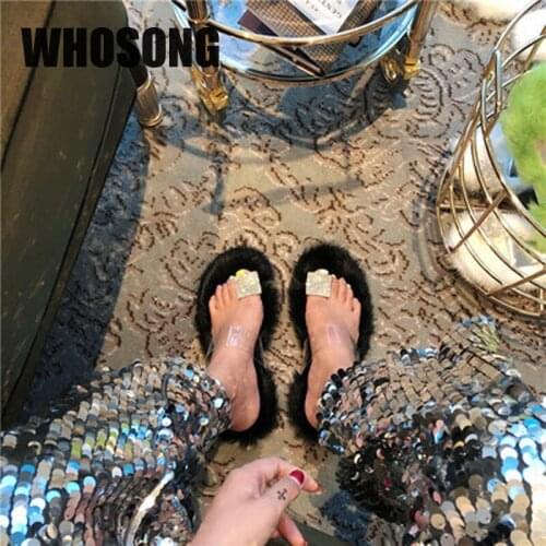 2020 Summer Women Real Fur Slippers Woman Rhinestone Flats Girls Beach Slides Ladies Outside Shoes Female Soft Brand Mules New