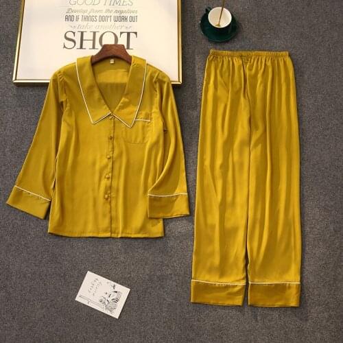 2021 spring and autumn fashion new solid color ice silk pajamas suits can be worn at home